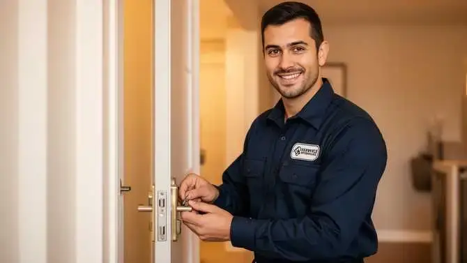Professional locksmith working on a door lock